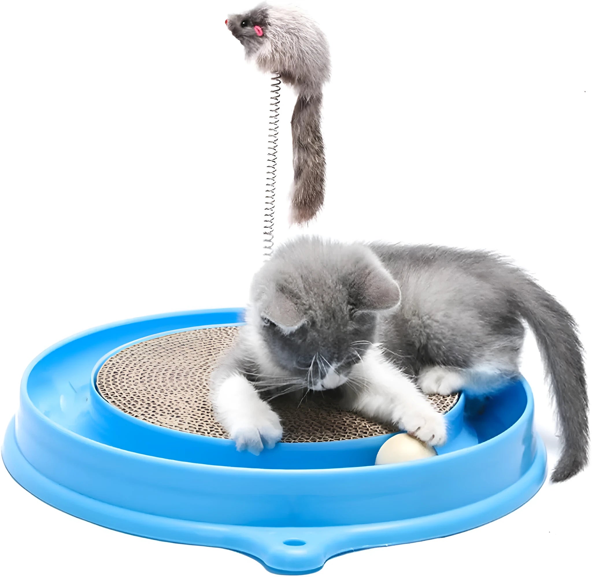 Blue cat scratching post with replaceable cardboard pad, ball track, and mouse swatter accessory