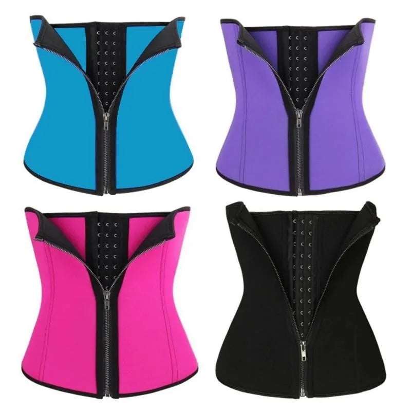Neoprene waist trainer corset in black with adjustable closure for tummy control during yoga and running