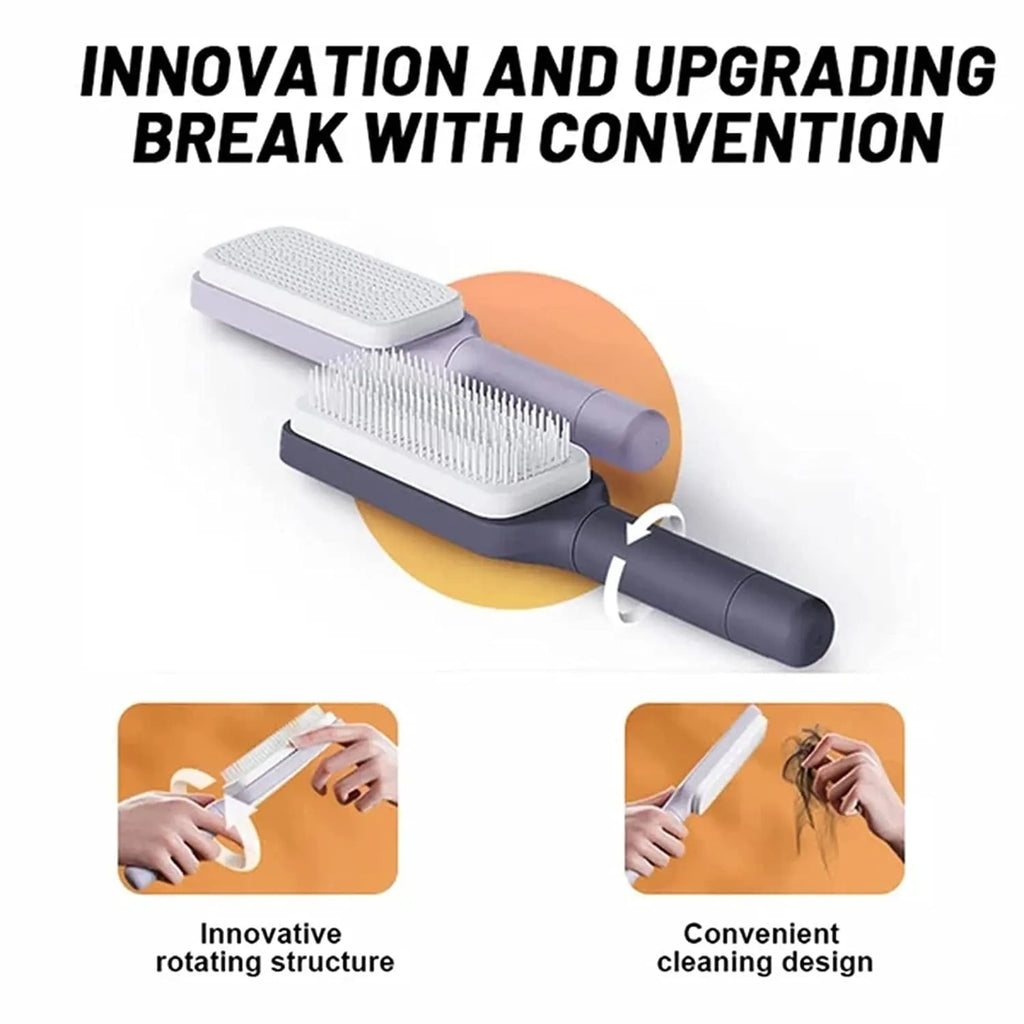 Roland purple self-cleaning hair brush with rotating handle for easy hair removal.
