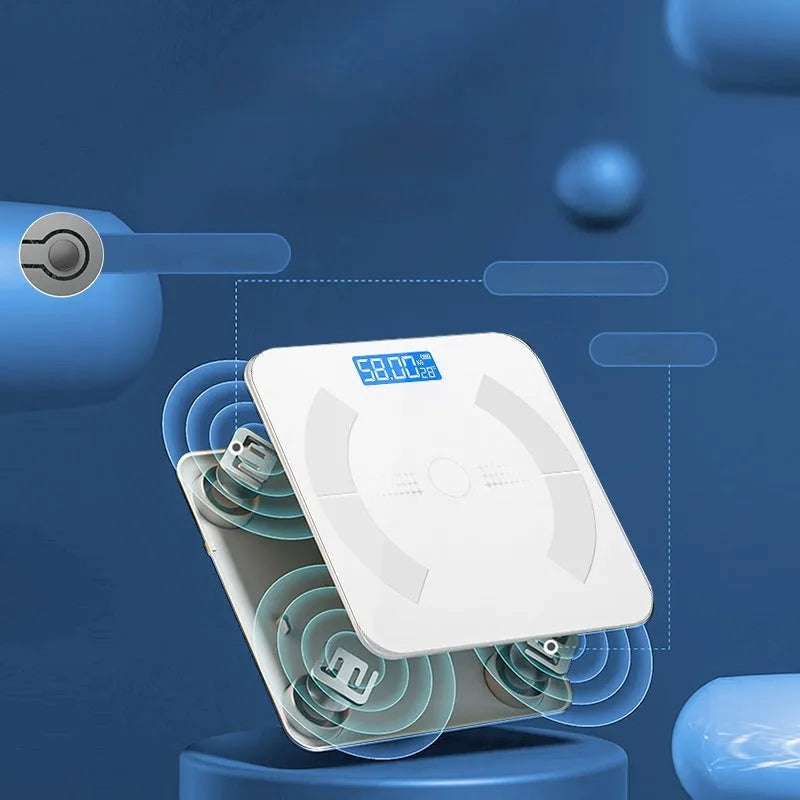 Smart Bluetooth rechargeable body fat scale in white, black or pink colours