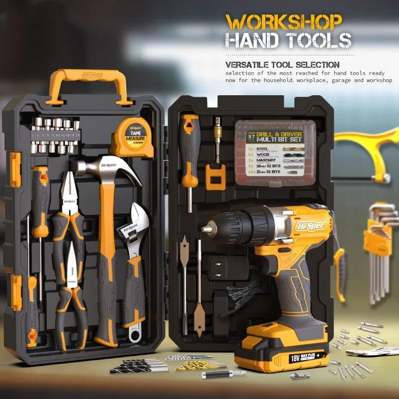 82-piece grey and yellow toolbox with chrome-vanadium steel tools for furniture installation