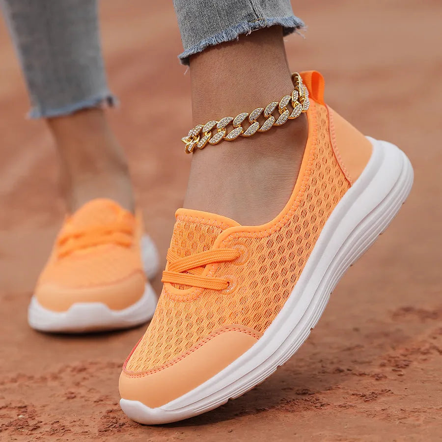 Women's lace-up mesh sneakers in solid colour, round toe low-top design with MD sole