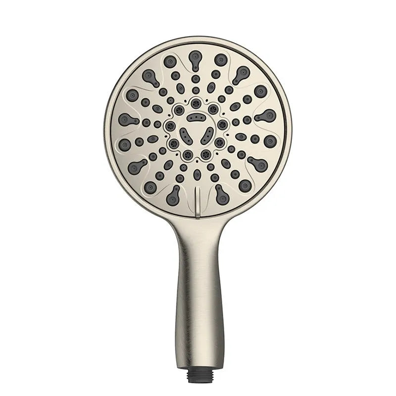 Six-function handheld shower head with 6-inch diameter and electroplated finish showing spray selector