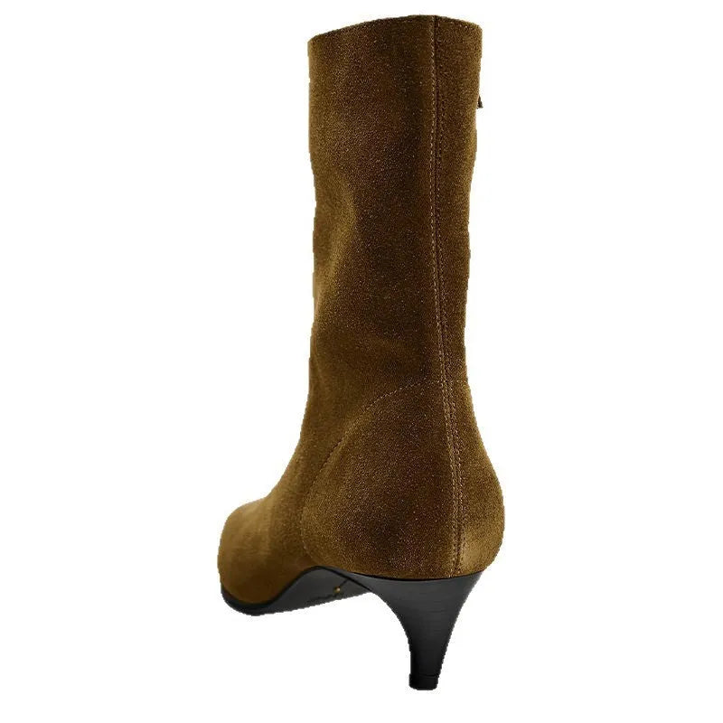 Women's square toe kitten heel booties with side zip closure in black or brown with waterproof platform sole