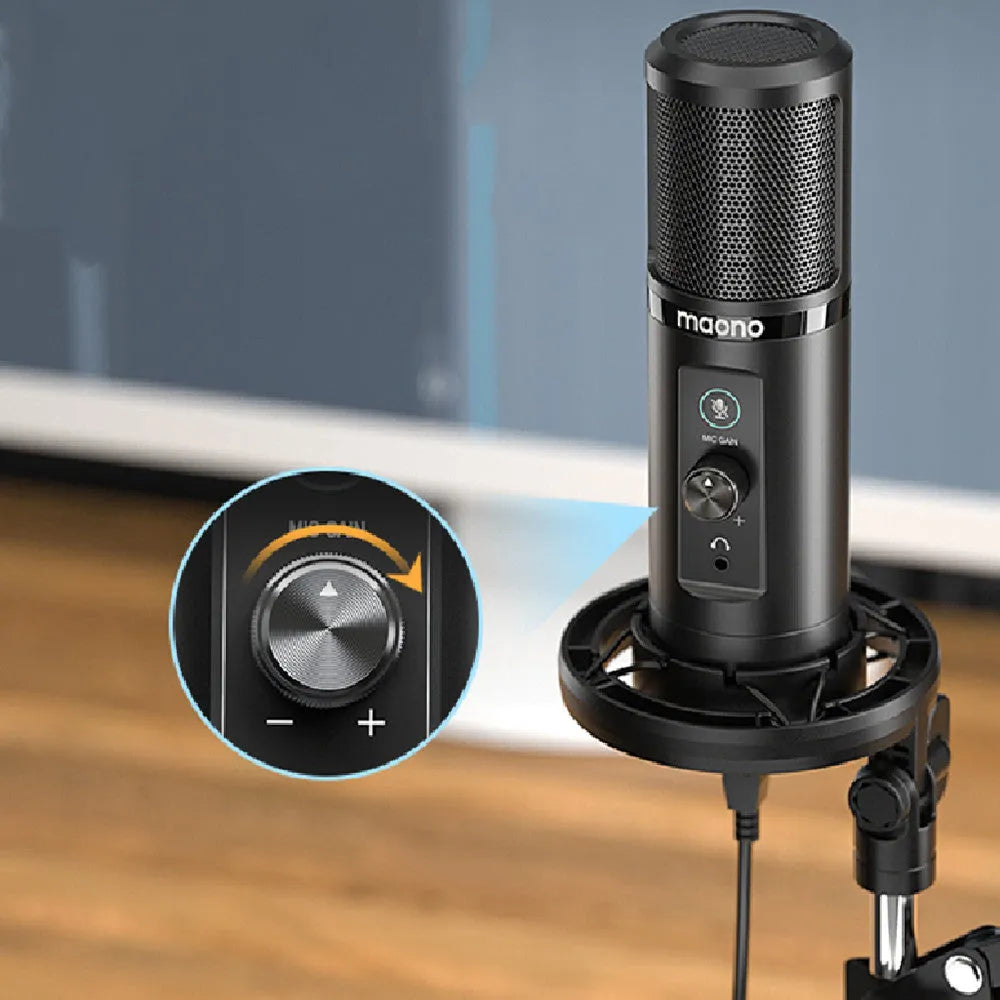 PM422 USB condenser microphone with cardioid heart shape, shockproof frame, and cantilever arm for desktop computer recording