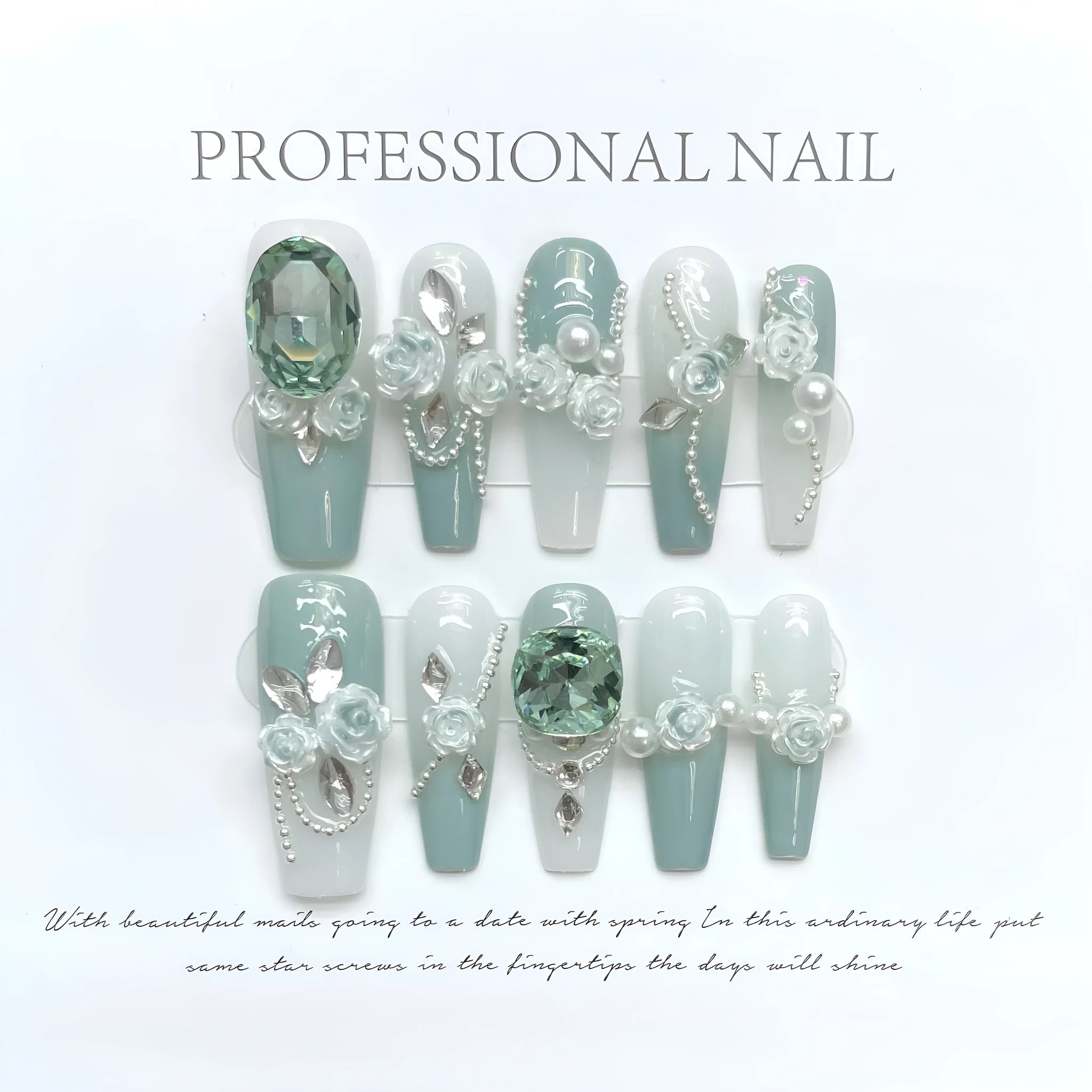 Armour green camellia gradient chain false nails with diamonds, bows and butterflies.