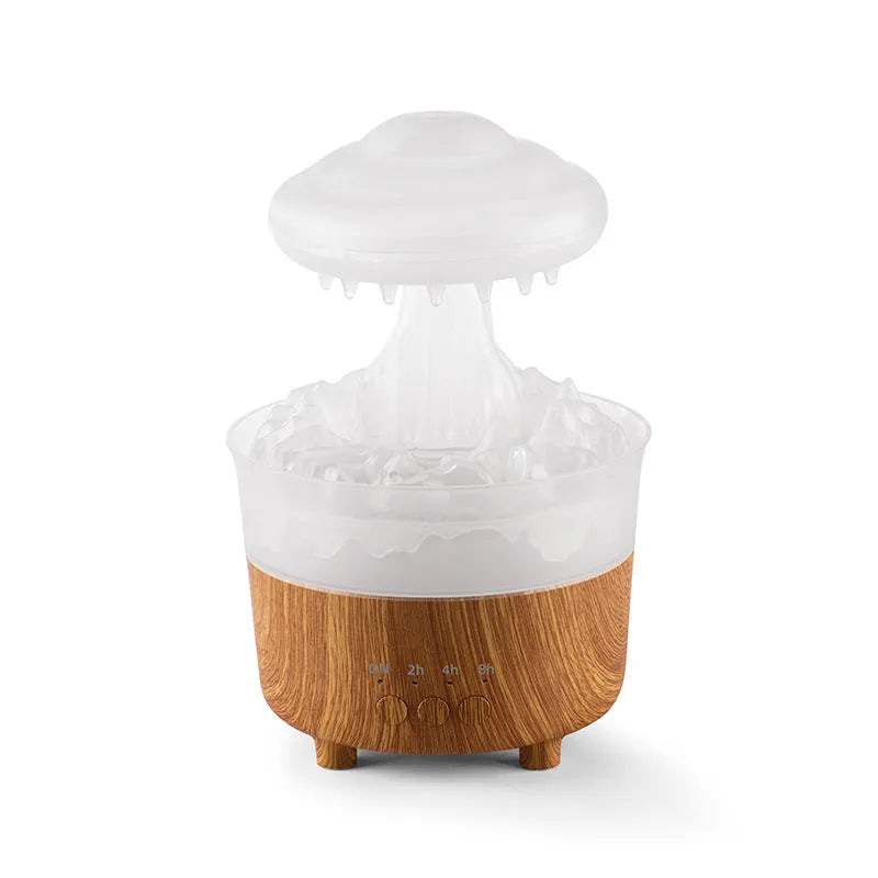 Wood grain white cloud shaped humidifier and essential oil diffuser with coloured LED lights on