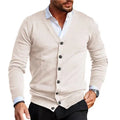 Men's slim fit acrylic cardigan in light grey shown on a model, featuring long sleeves and a button front.