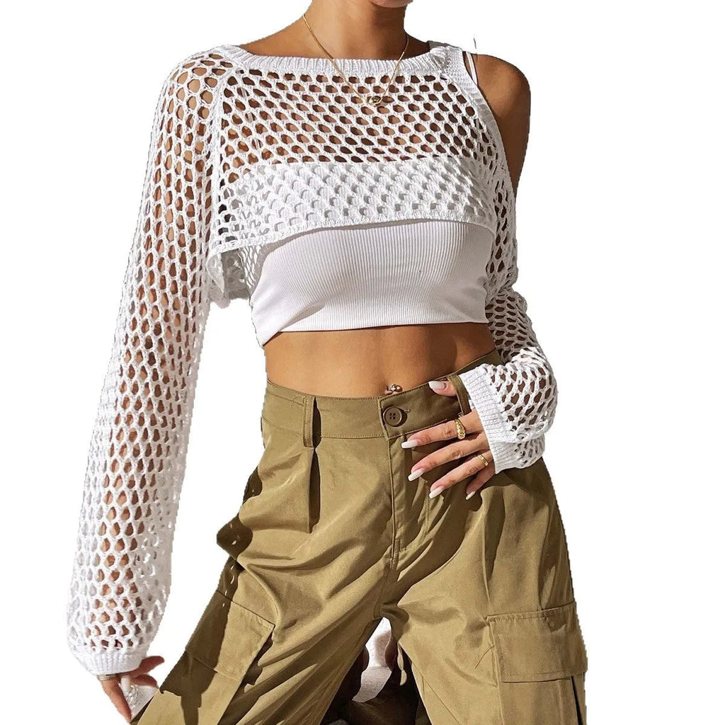 Mesh shirt with hollow navel design in polypropylene fibre, shown in one of six colours.