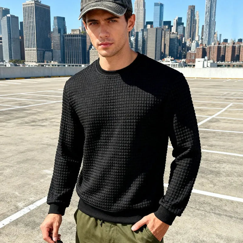 Loose casual men's simple sporty jacquard round-neck long-sleeved sweatshirt in solid colour