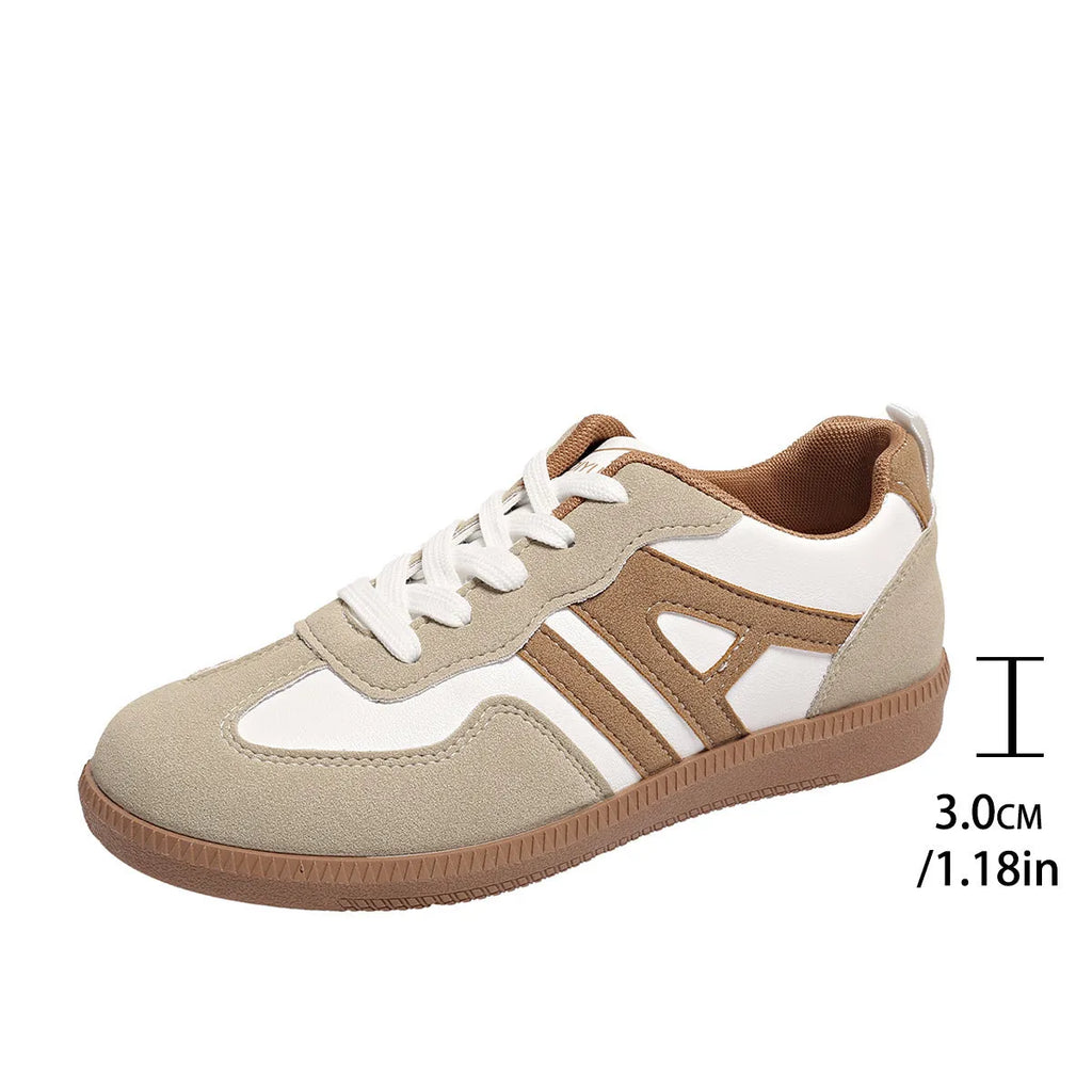 Women's retro colour matching lace-up jogging shoes in black, grey, or khaki with a low platform heel.