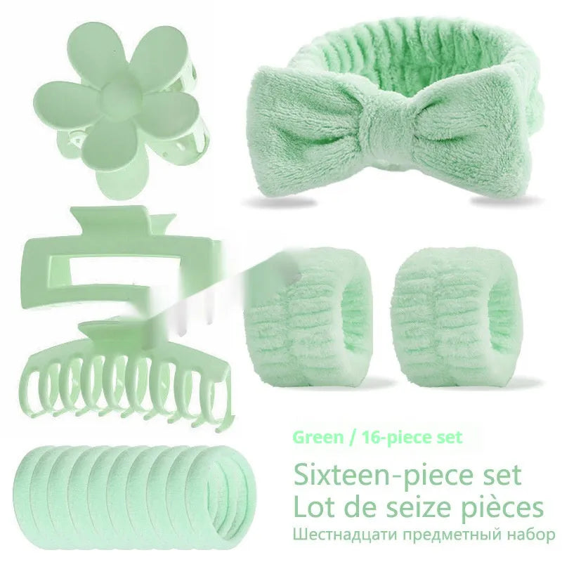 16-piece bow washing face hair band set in assorted colours with plaid pattern on OPP packaging