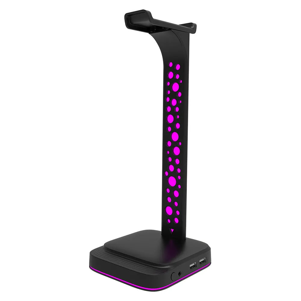 RGB headphone stand with glowing colour-changing lights and two USB ports, holding a gaming headset.