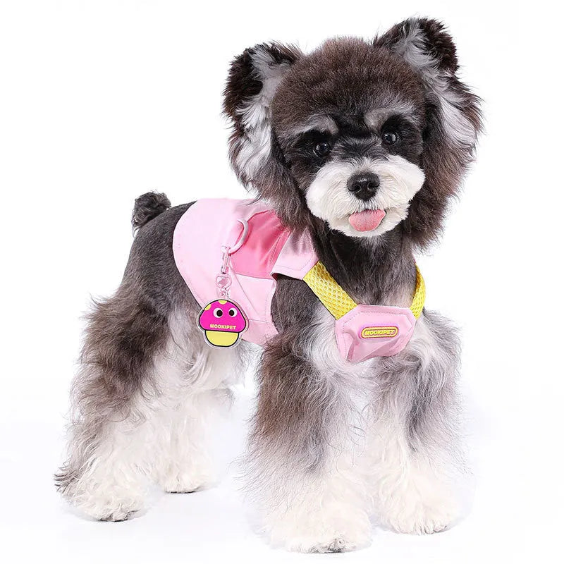 Pink polyester pet vest for small breed dogs on mannequin showing casual design