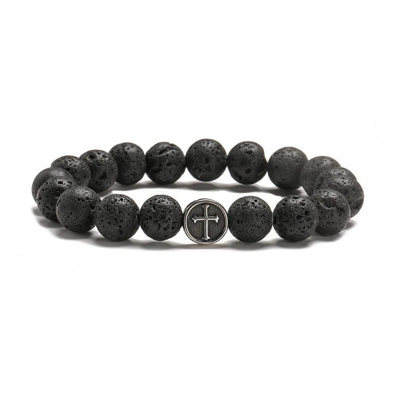 Geometric agate bracelet with volcanic rock colours and stainless steel finish, 19mm diameter