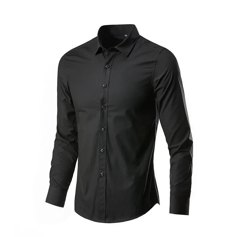 Simple trendy long-sleeve slim linen shirt in loose fit available in multiple colours including black brown and navy blue
