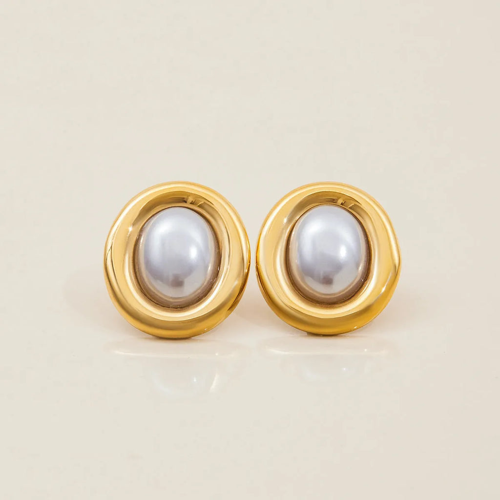 Close-up of stainless steel vintage pearl ear studs for women with a non-fade electroplated finish.