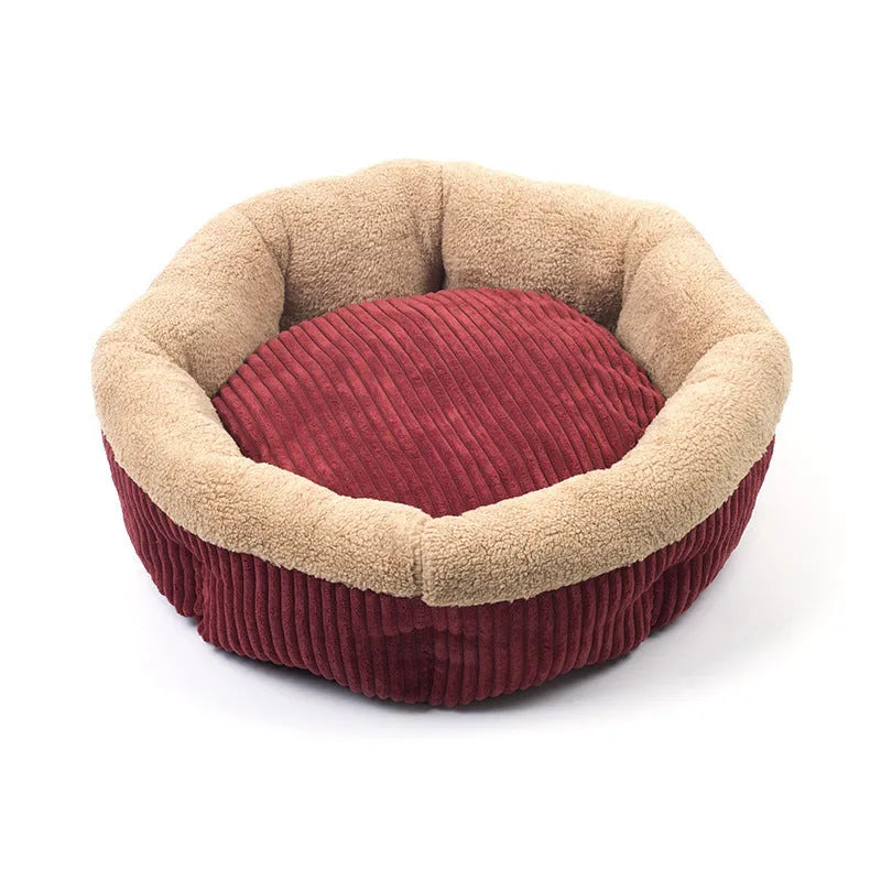 Octagonal velvet pet nest for cats and small dogs with soft cotton velvet lining, shown indoors