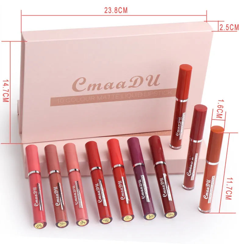 10-pack of women's non-stick cup waterproof matte lipstick in photo colour, each 3g stick with matte finish in compact packaging
