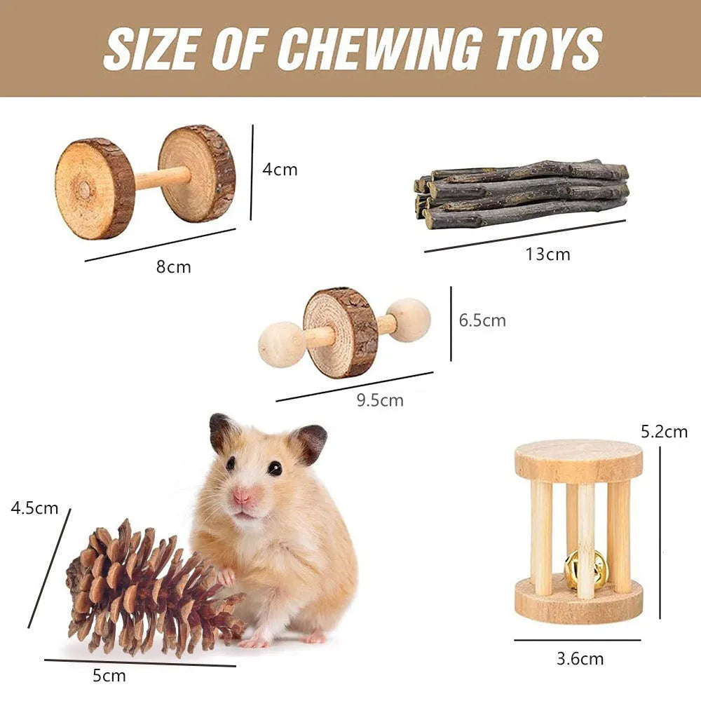 Wooden pet chewing toy set for rabbits guinea pigs parrots with multiple wooden components