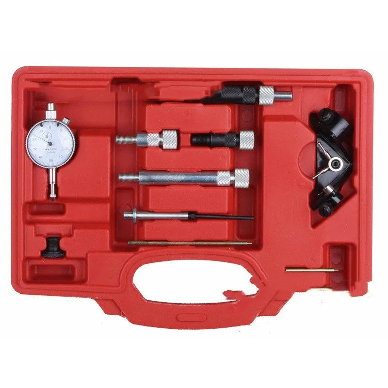 General fuel timing installation tool set VT01818 with ten carbon steel pieces arranged on a workbench