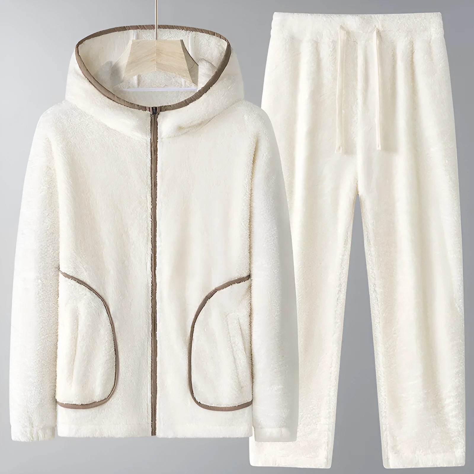 Women's winter coral fleece hooded pajama suit in white, gray, coffee - plus sizes M to 8XL with zipper cardigan