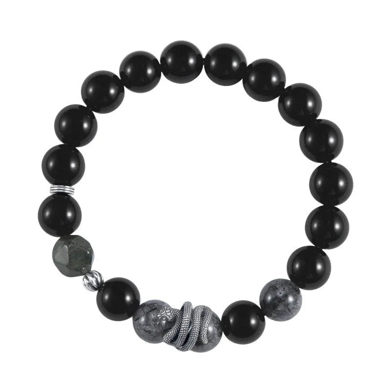 Black S925 sterling silver bracelet with snake modelling and obsidian stone details