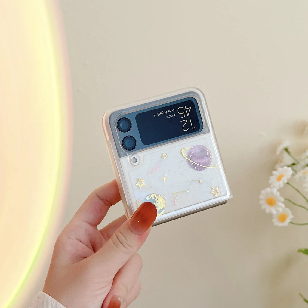 Drip glue rear phone case for Samsung ZFlip3 ZFlip4 with Star Moon pattern, shockproof, anti-drop, ins style
