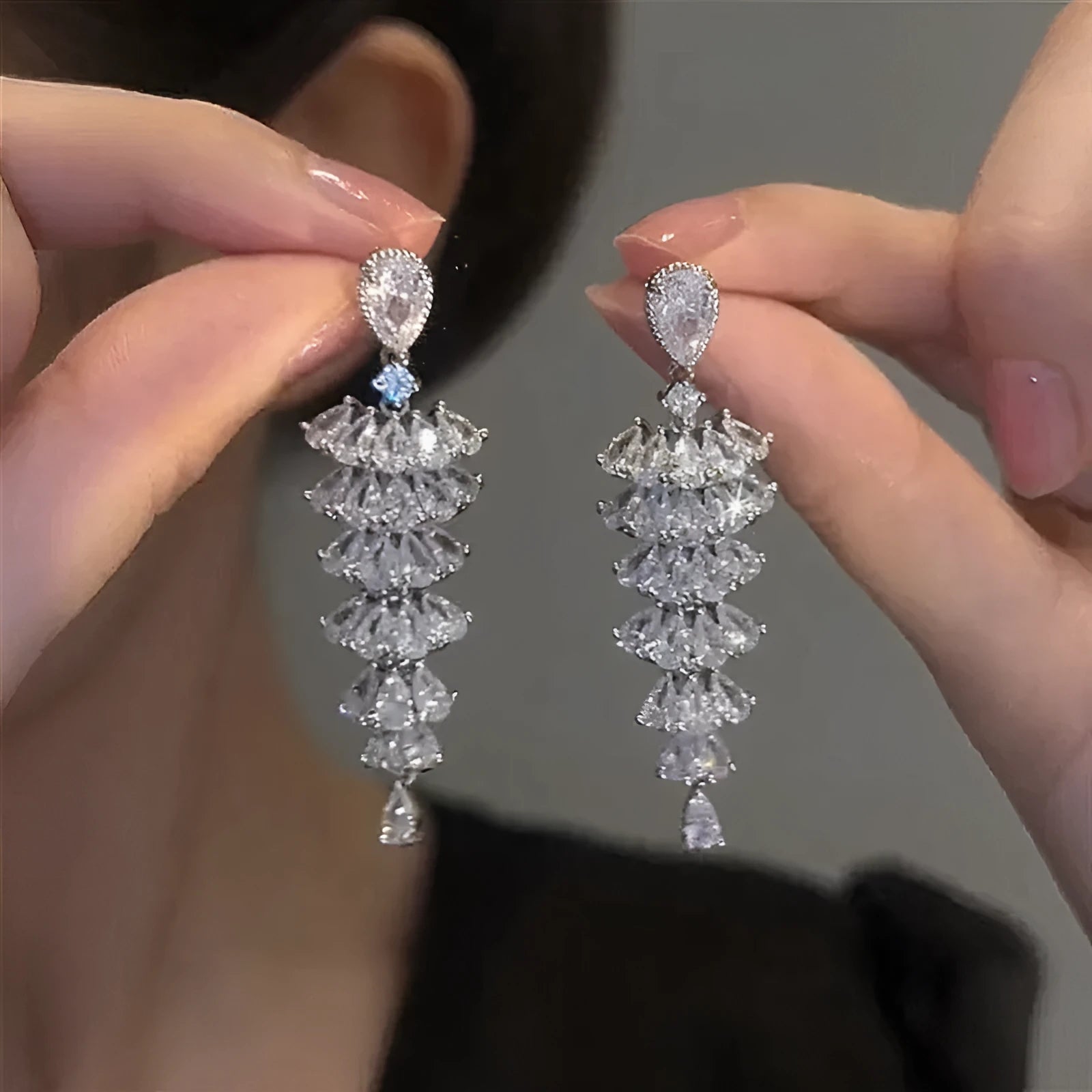Silver pagoda colour Christmas tree drop earrings with sparkling zircon crystals and stud backs