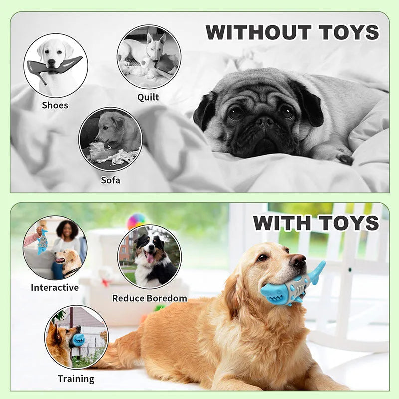 Blue silicone dog teething toy with shark-tooth texture and hollow centre for treats