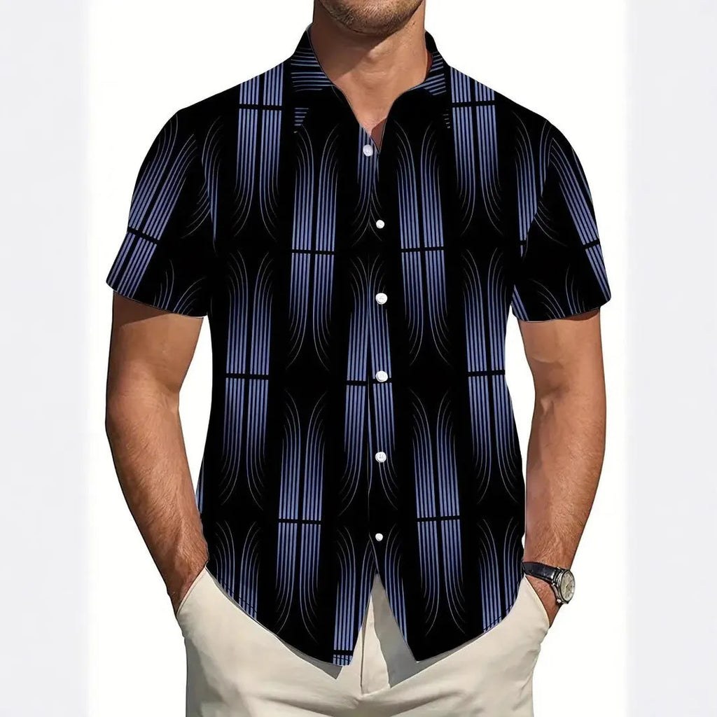 Men's slim fit geometric line printing lapel short sleeve shirt in cardigan style