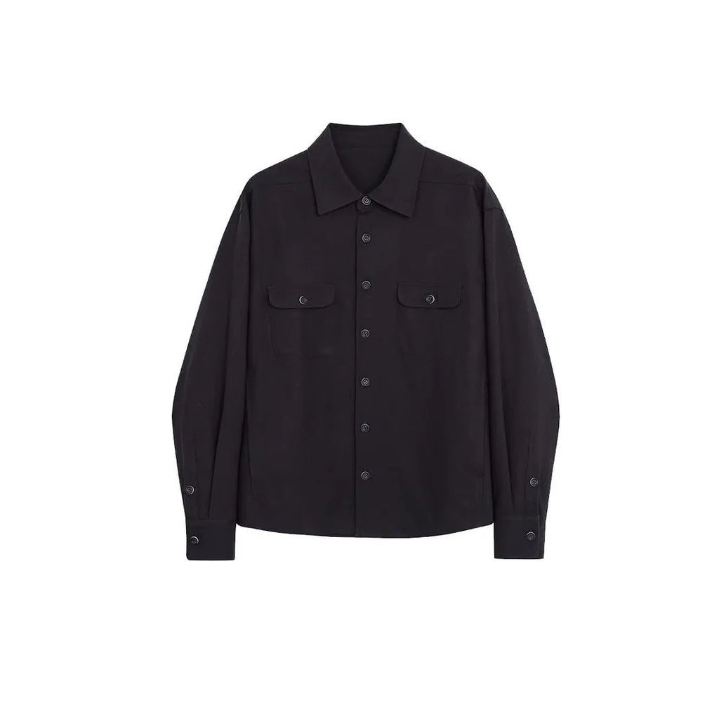Men's simple profile long sleeve shirt in light sand rice colour with collage stitching detail.