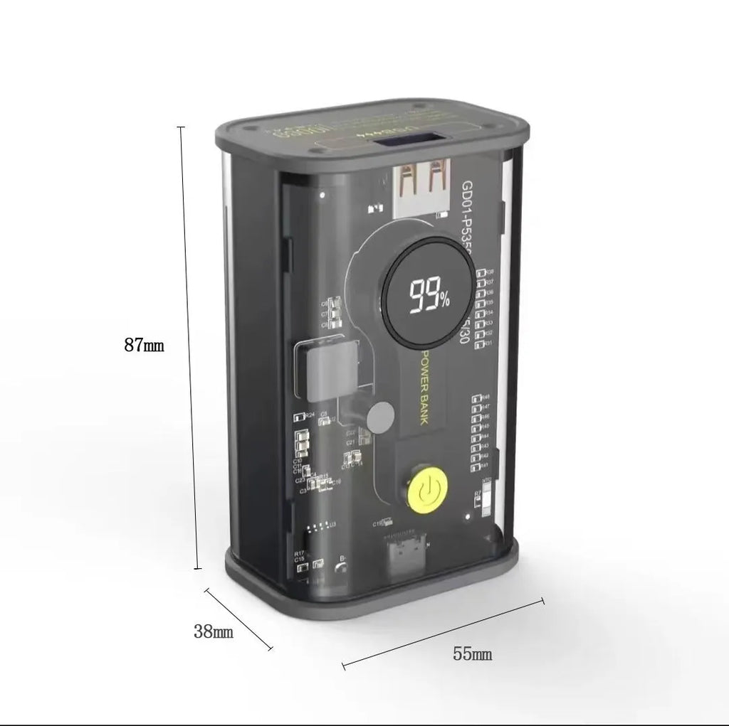 Transparent industrial power bank showing internal aluminium battery case with 10000mAh capacity
