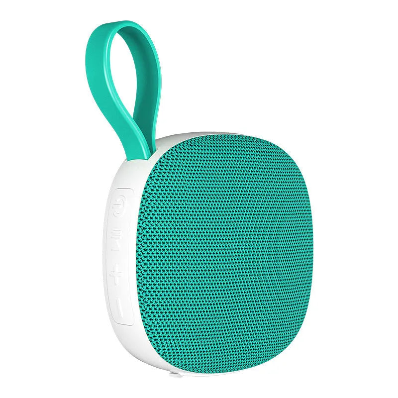 Wireless Bluetooth mini speaker with fabric waterproof cover and magnetic suction, available in black or white shell with grey or green cloth net