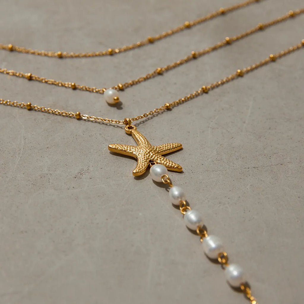 European American pearls necklace titanium steel twin starfish pendant 18K gold stainless steel chain
