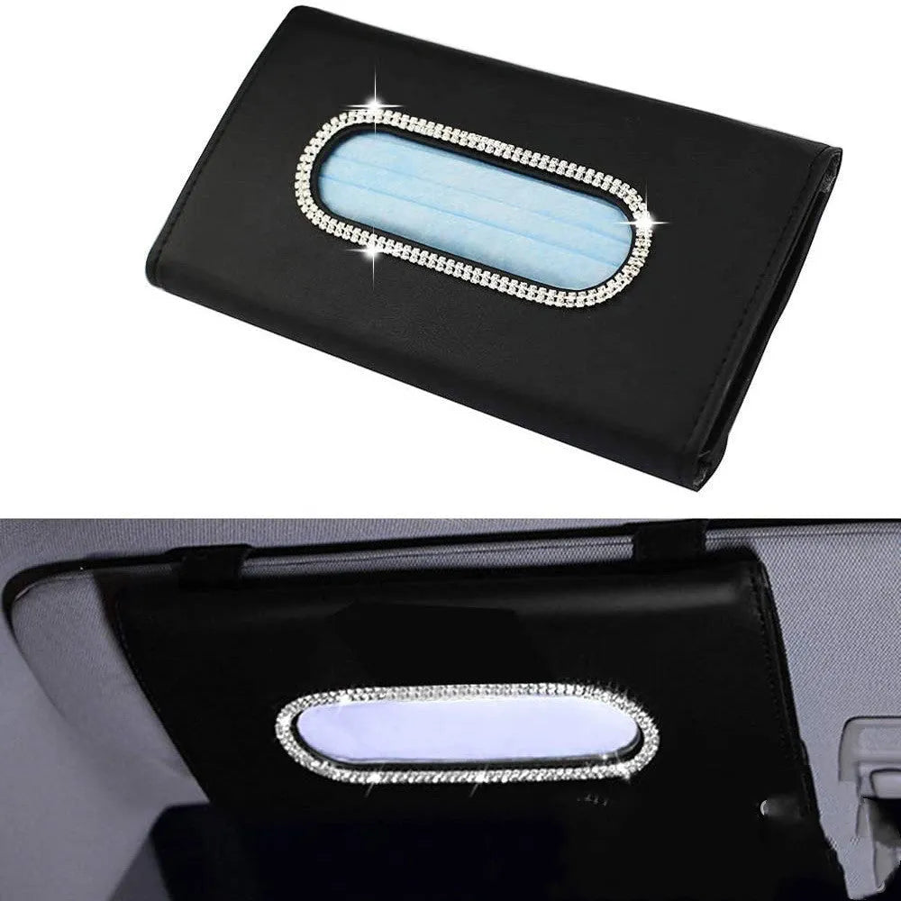 Crystal PU leather hanging sun visor car tissue box with rhinestones, metal clip, and Velcro closure in beige colour