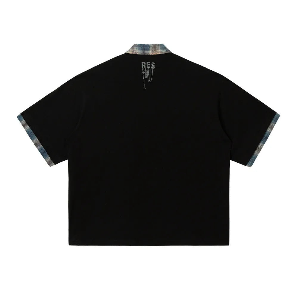 Men's loose fit cotton top with asymmetric design and graffiti printing in blue or red