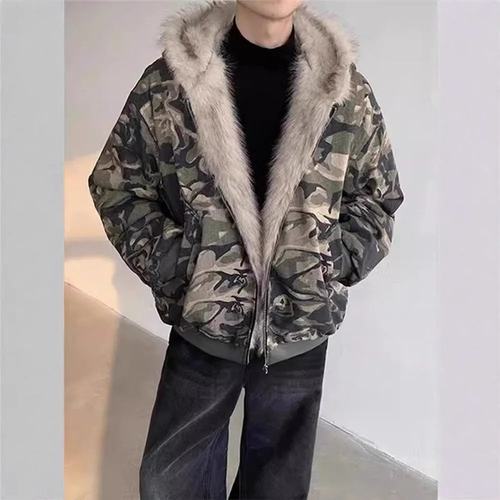 Men's retro washed camouflage fur collar hood jacket with cotton filling, loose fit, polyester outer