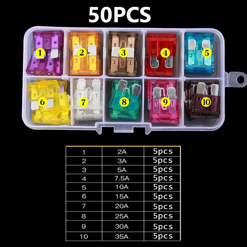 Box containing medium-sized plug-in fuses for automotive low voltage circuits