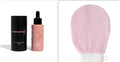 Matte black self-tanning liquid bottle and tanning flash cream tube for body care.