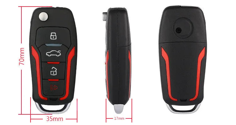 Red and black one-way remote control car alarm system with two remotes for vehicle security.