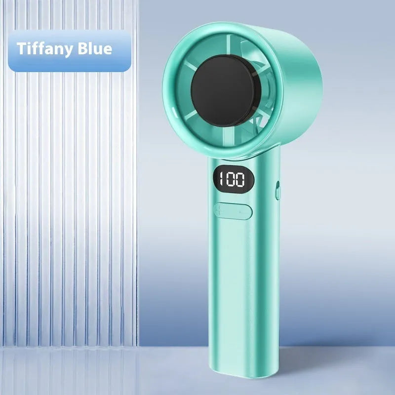 Handheld USB fan with variable speed control showing colour options: green, khaki, silver and white