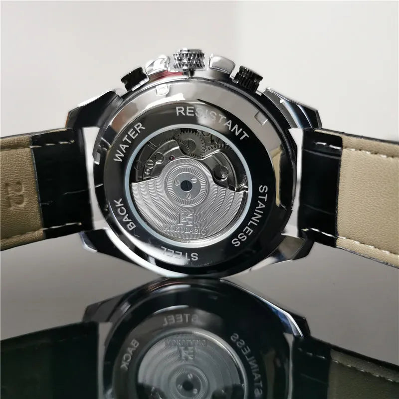 Men's automatic mechanical watch with stainless steel case in silver or black, showing white or black dial options