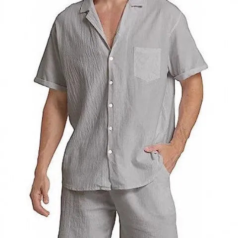 Men's linen short-sleeved shirt and matching shorts set in army green on a mannequin