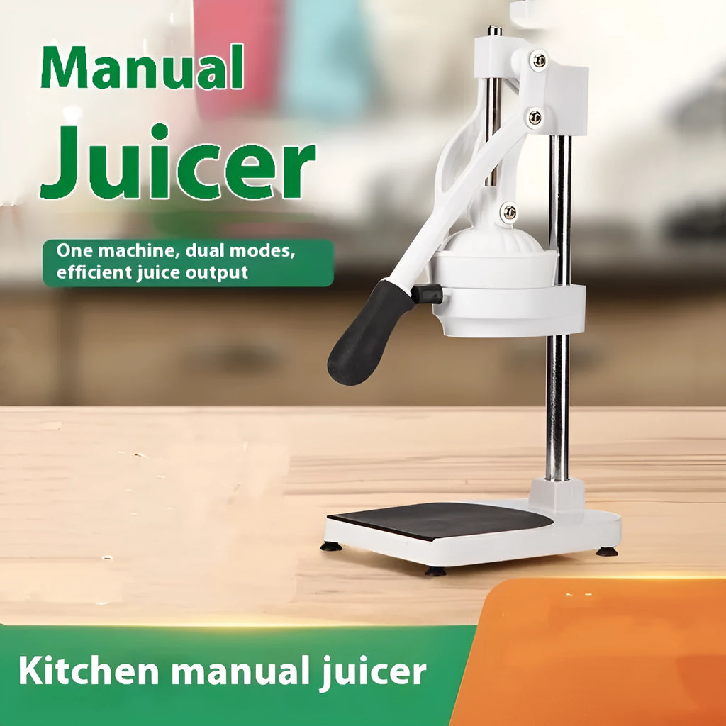 Stainless steel manual orange juicer with quick disassembly mechanism on a kitchen counter.