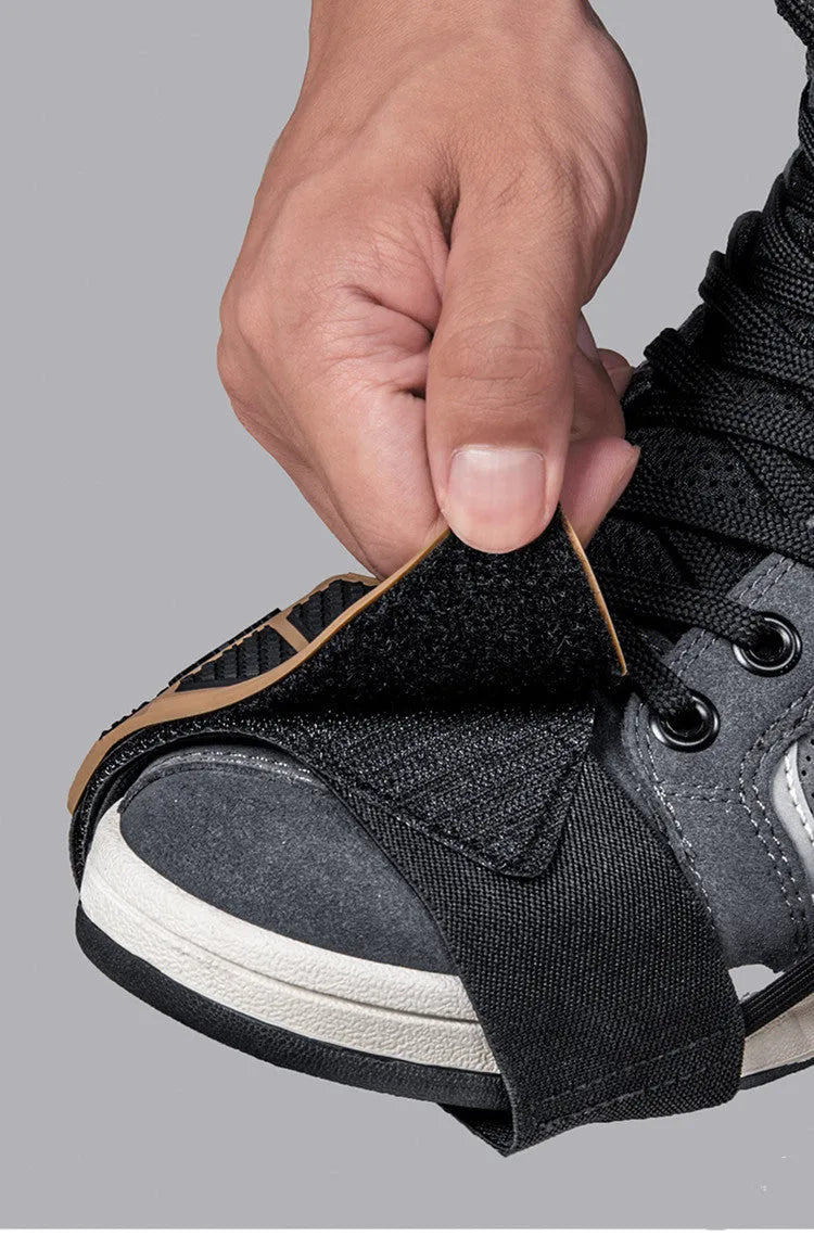 Non-slip widened rubber motorcycle gear cover in grey for adult shoes with hanging sleeve attachment