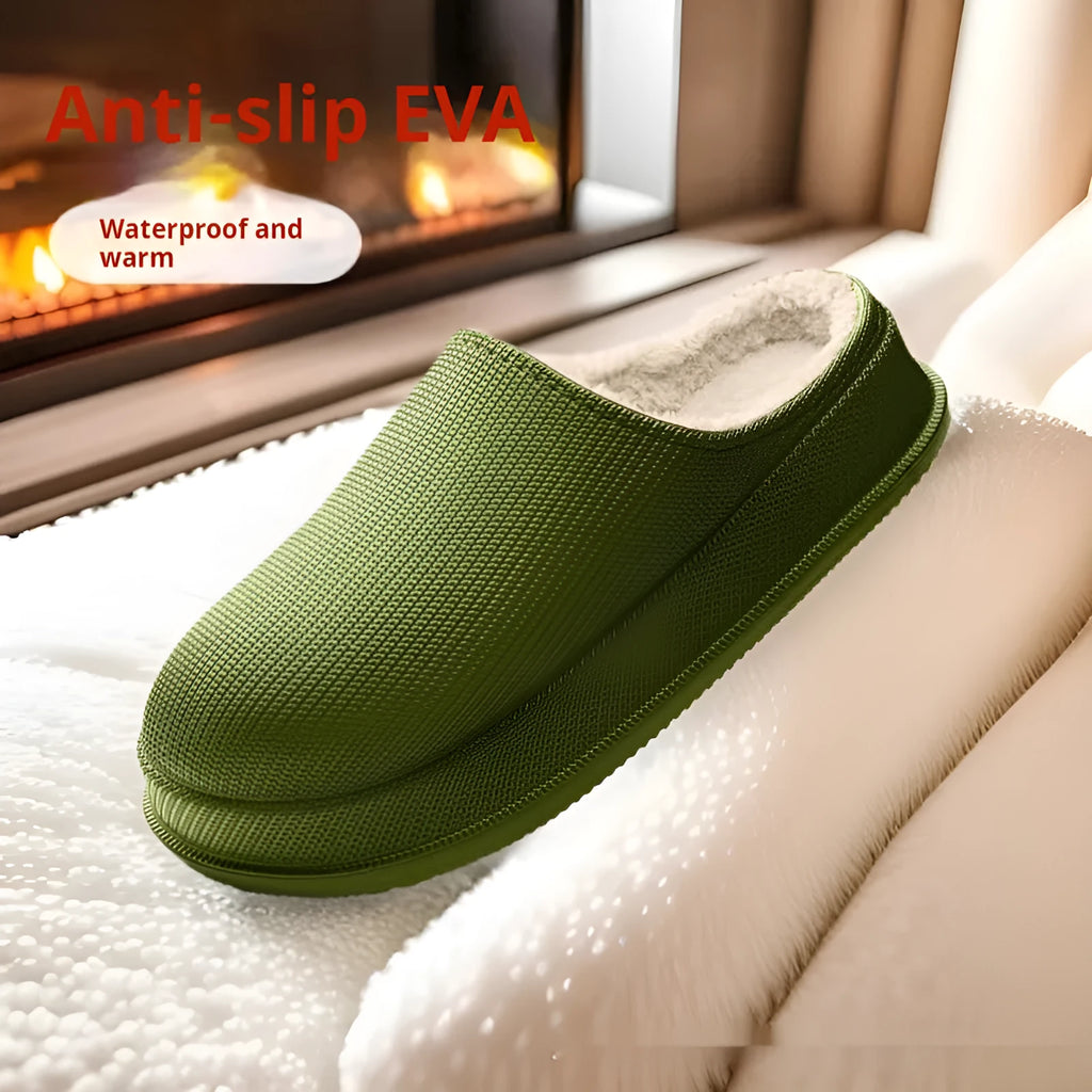 EVA waterproof warm slippers with toe cap and shock absorption in solid colour, side view showing mid heel and thick sole