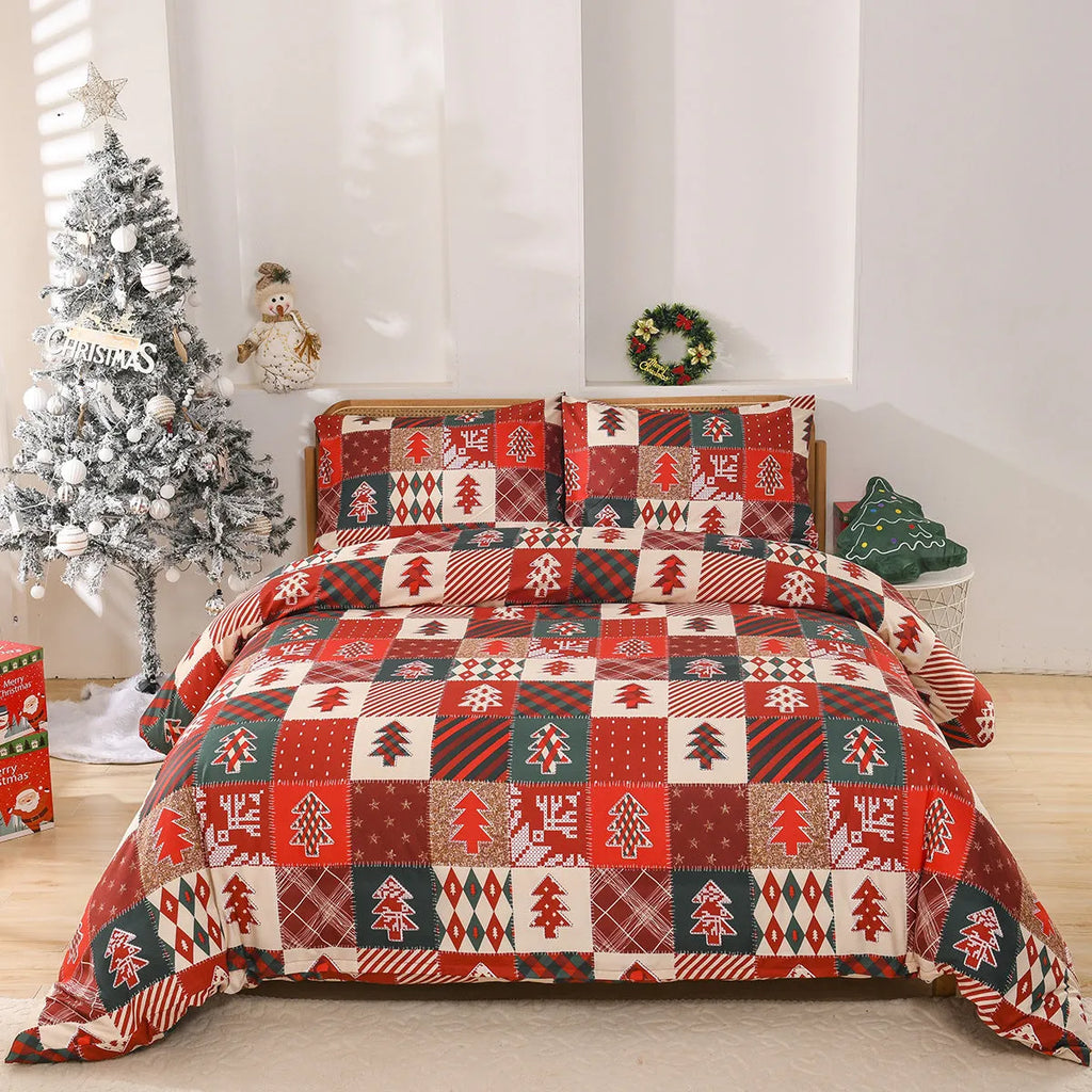 Red plaid Christmas bedding three-piece set with quilt cover and pillowcases on bed