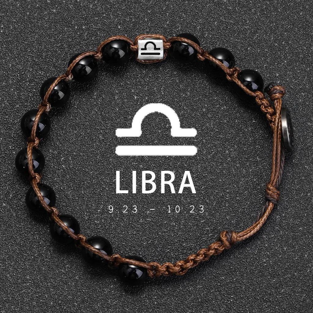Natural obsidian hand-woven zodiac bracelet with stainless steel accent, unisex design