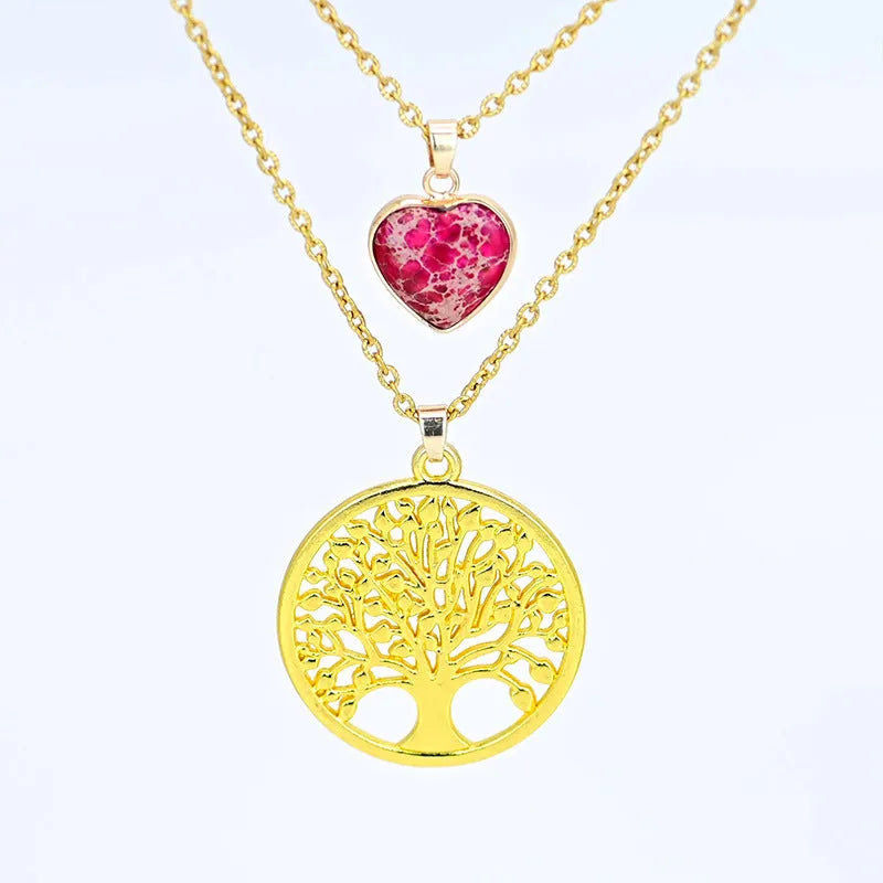 Red heart emperor stone tree of life pendant necklace on chain, 2.5cm pendant, 45cm length